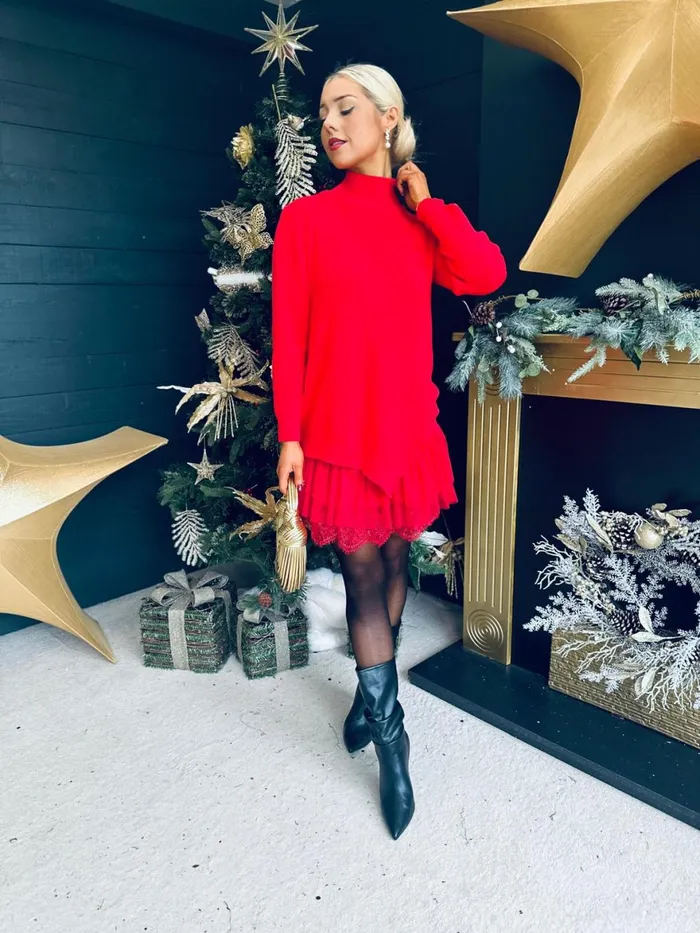 Women Day Dress Canella Lane Gina Knit and Lace Mini Dress Red