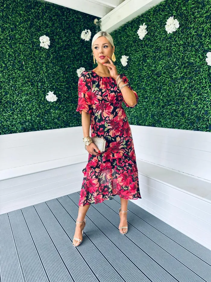 Women Day Dress Canella Lane Harriet Red Floral Tiered Midi Dress Black