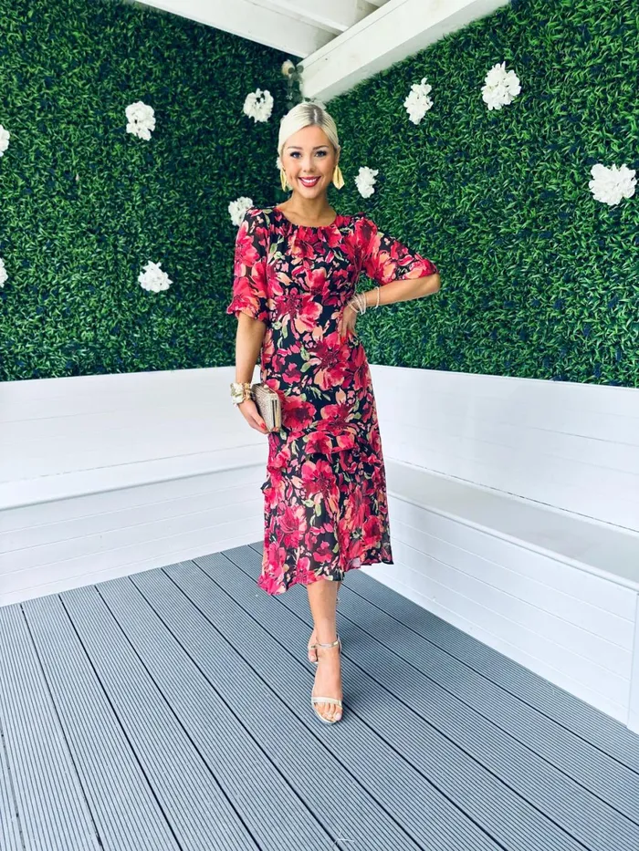 Women Day Dress Canella Lane Harriet Red Floral Tiered Midi Dress Black
