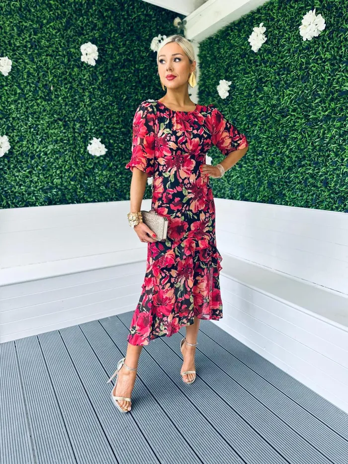Women Day Dress Canella Lane Harriet Red Floral Tiered Midi Dress Black