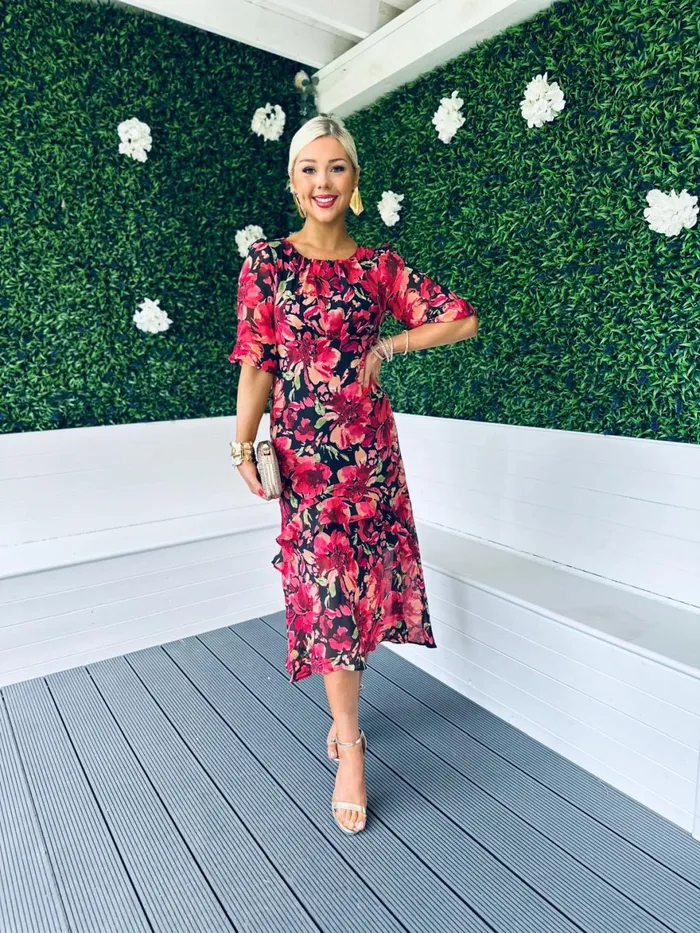 Women Day Dress Canella Lane Harriet Red Floral Tiered Midi Dress Black