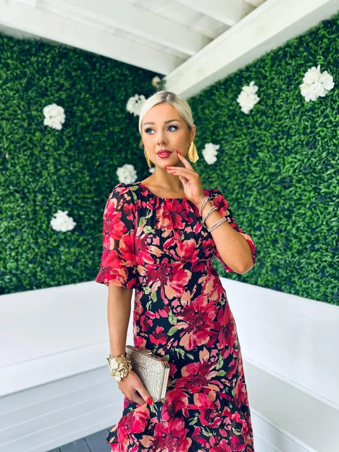 Women Day Dress Canella Lane Harriet Red Floral Tiered Midi Dress Black