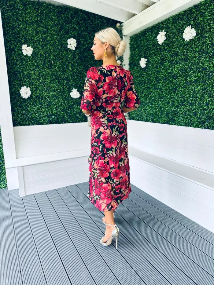 Women Day Dress Canella Lane Harriet Red Floral Tiered Midi Dress Black