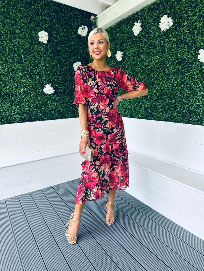 Women Day Dress Canella Lane Harriet Red Floral Tiered Midi Dress Black