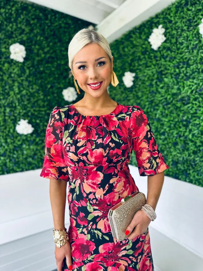 Women Day Dress Canella Lane Harriet Red Floral Tiered Midi Dress Black