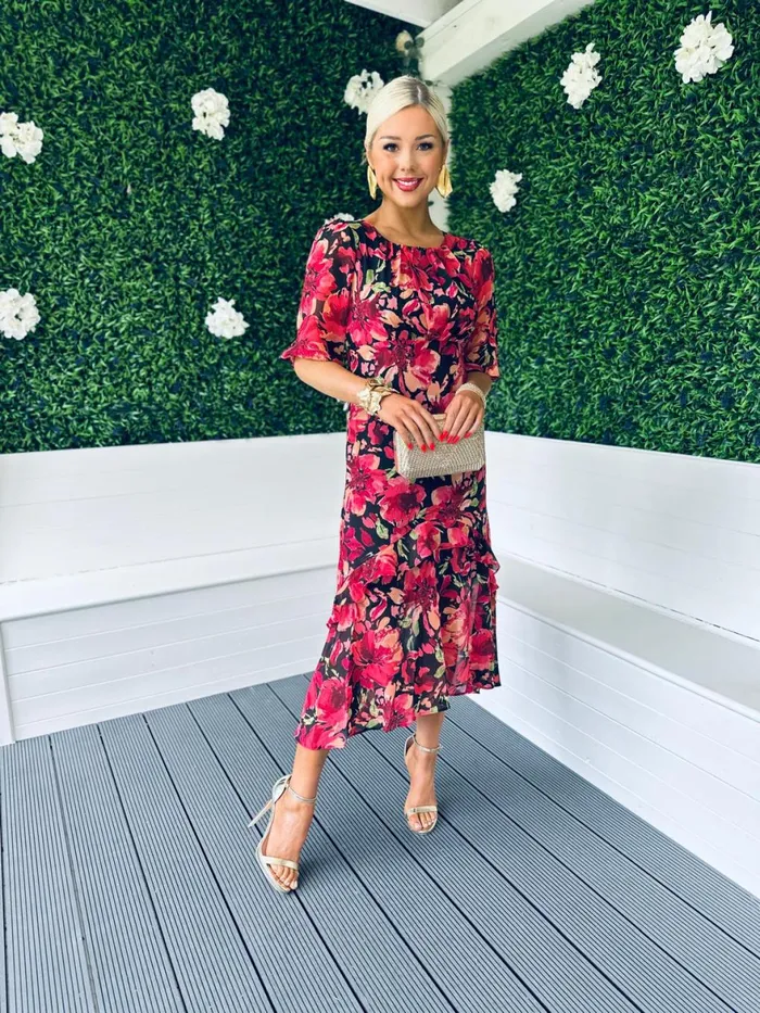 Women Day Dress Canella Lane Harriet Red Floral Tiered Midi Dress Black