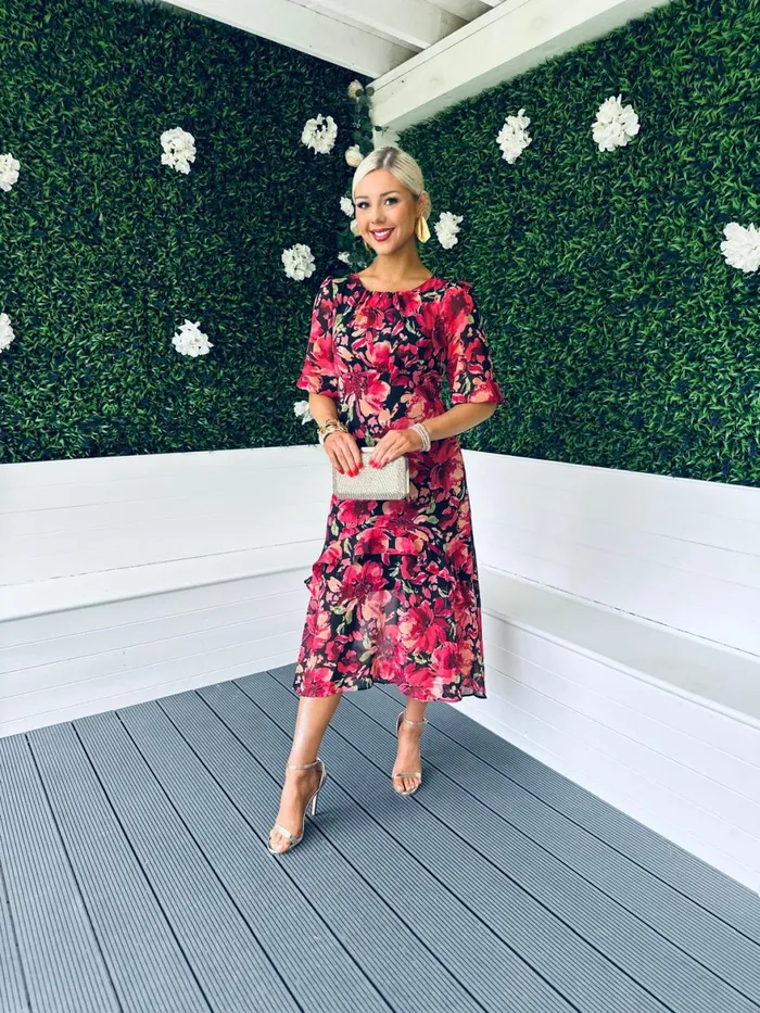 Women Day Dress Canella Lane Harriet Red Floral Tiered Midi Dress Black