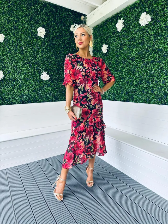Women Day Dress Canella Lane Harriet Red Floral Tiered Midi Dress Black