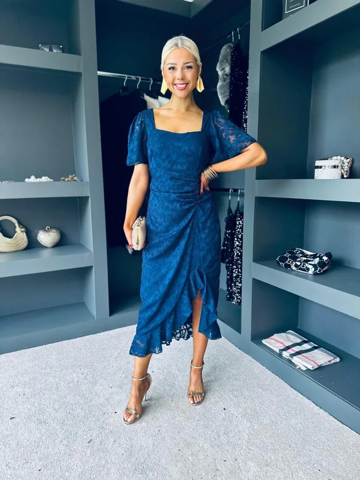 Women Day Dress Canella Lane Heidi Floral Burnout Ruched Midi Dress Navy