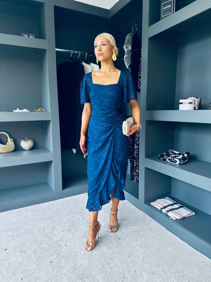 Women Day Dress Canella Lane Heidi Floral Burnout Ruched Midi Dress Navy