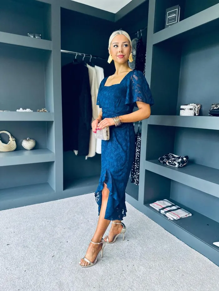 Women Day Dress Canella Lane Heidi Floral Burnout Ruched Midi Dress Navy