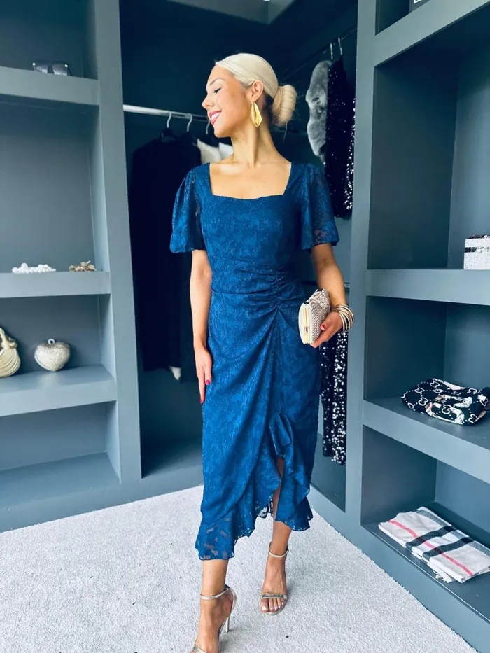 Women Day Dress Canella Lane Heidi Floral Burnout Ruched Midi Dress Navy