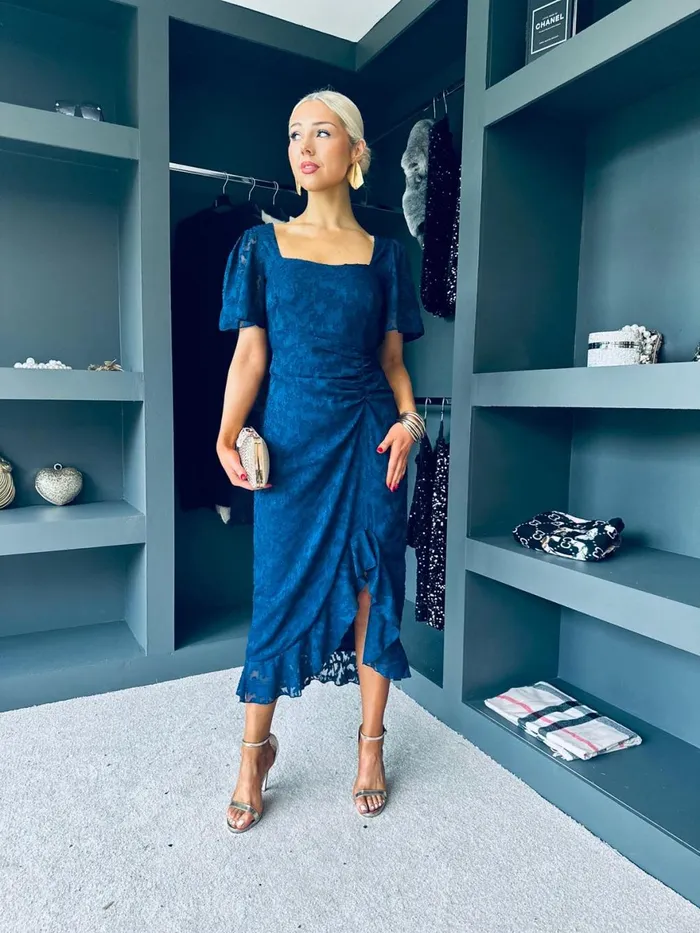 Women Day Dress Canella Lane Heidi Floral Burnout Ruched Midi Dress Navy