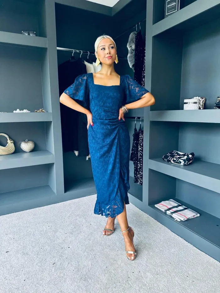 Women Day Dress Canella Lane Heidi Floral Burnout Ruched Midi Dress Navy