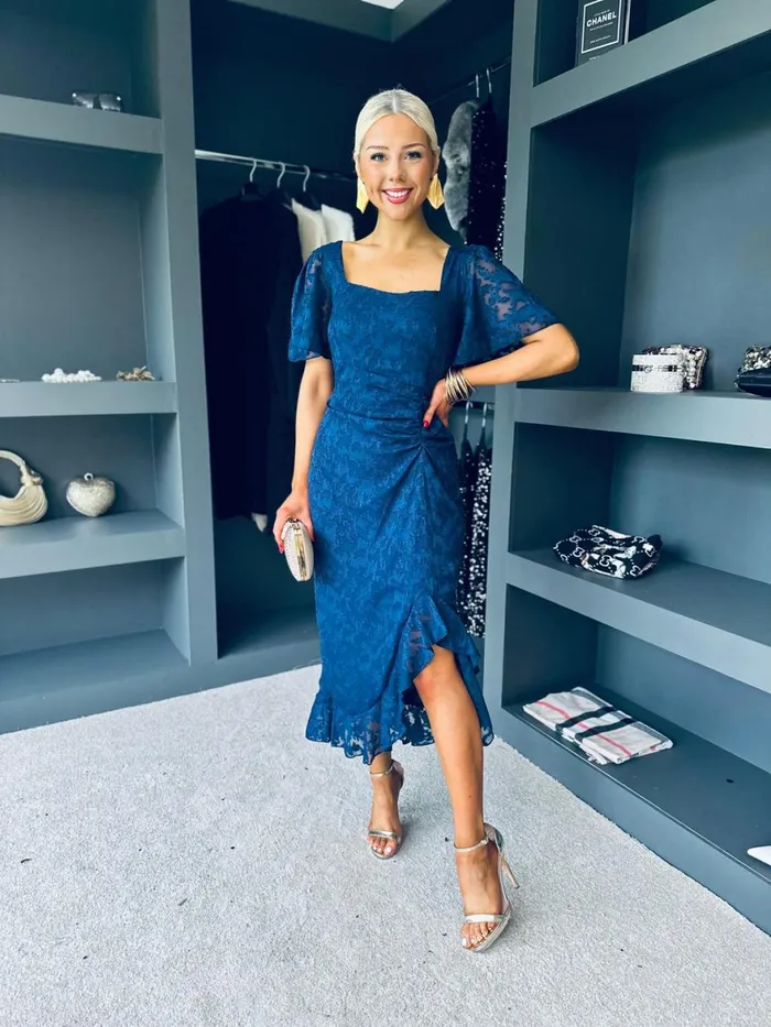 Women Day Dress Canella Lane Heidi Floral Burnout Ruched Midi Dress Navy