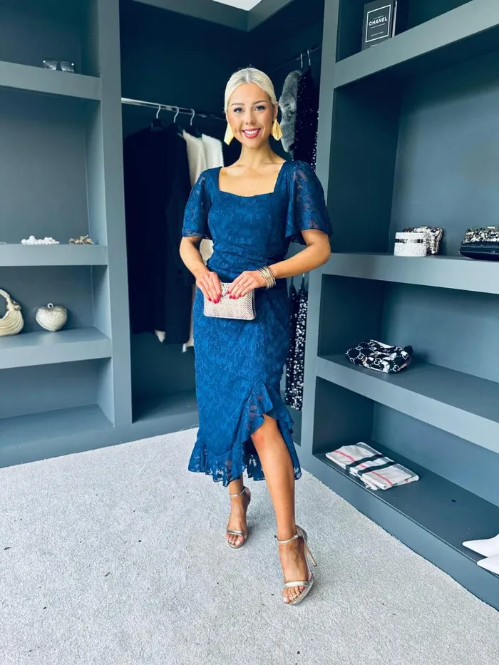 Women Day Dress Canella Lane Heidi Floral Burnout Ruched Midi Dress Navy