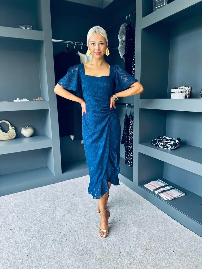 Women Day Dress Canella Lane Heidi Floral Burnout Ruched Midi Dress Navy