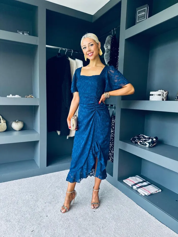 Women Day Dress Canella Lane Heidi Floral Burnout Ruched Midi Dress Navy