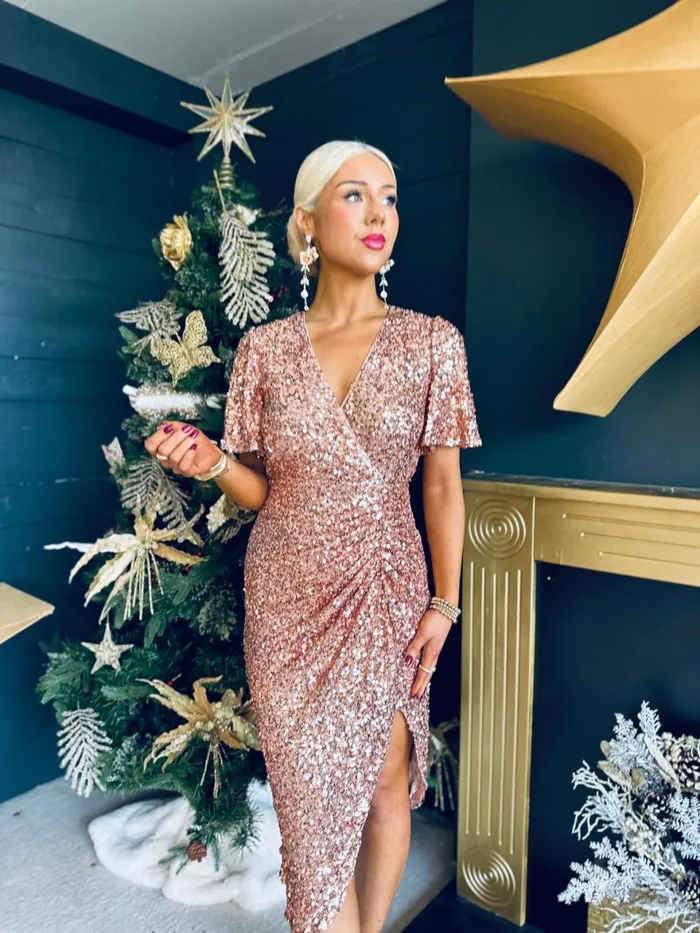 Women Day Dress Canella Lane Isla Gathered Sequin Midi Dress Gold