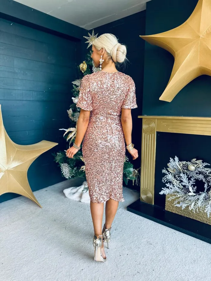 Women Day Dress Canella Lane Isla Gathered Sequin Midi Dress Gold