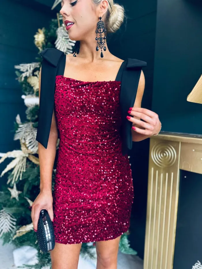 Women Day Dress Canella Lane Jude Bow Detail Sequin Mini Dress Burgundy
