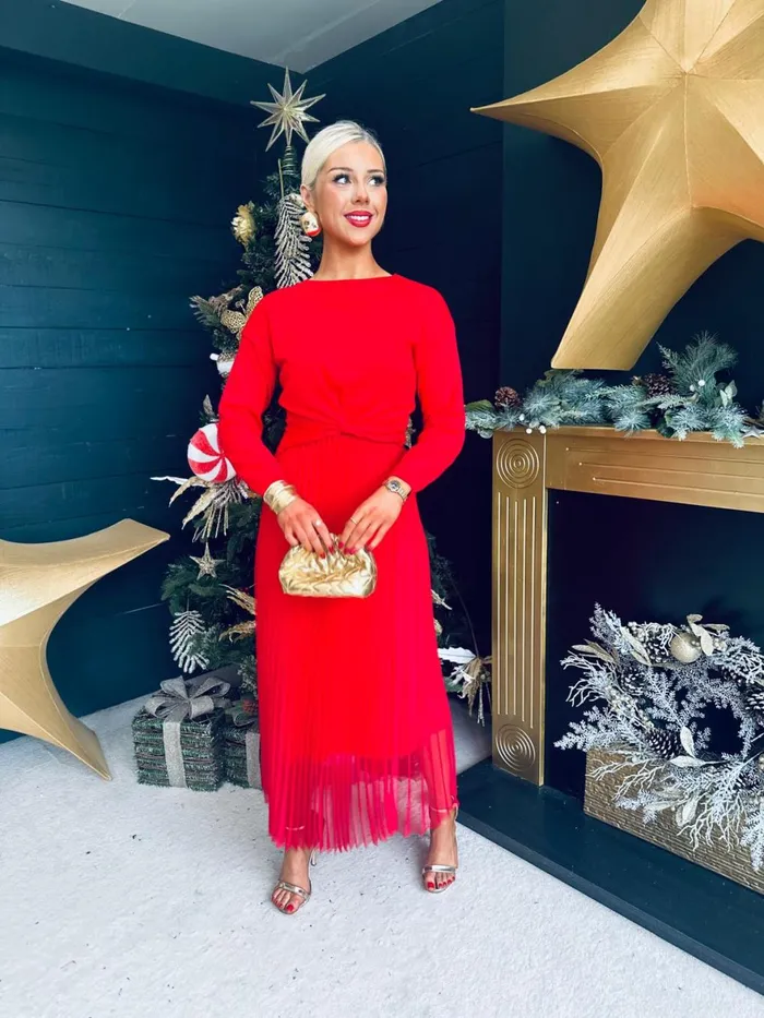Women Day Dress Canella Lane Kerry Knit and Mesh Midi Dress Red