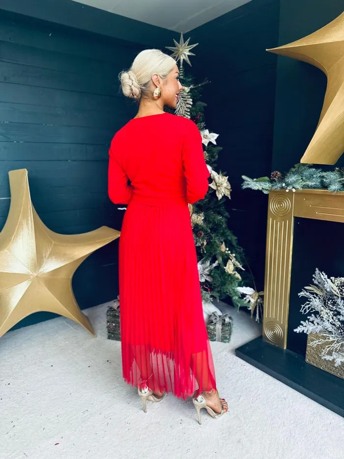 Women Day Dress Canella Lane Kerry Knit and Mesh Midi Dress Red