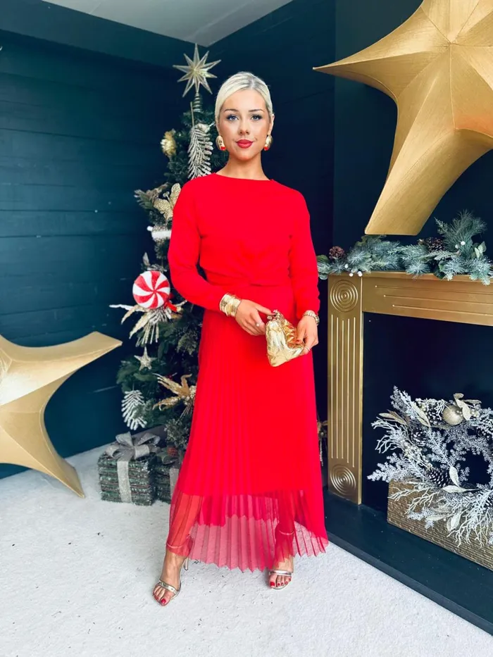 Women Day Dress Canella Lane Kerry Knit and Mesh Midi Dress Red
