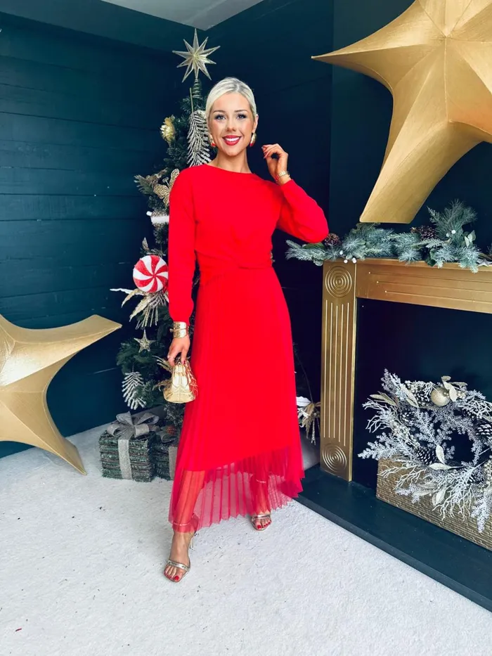 Women Day Dress Canella Lane Kerry Knit and Mesh Midi Dress Red