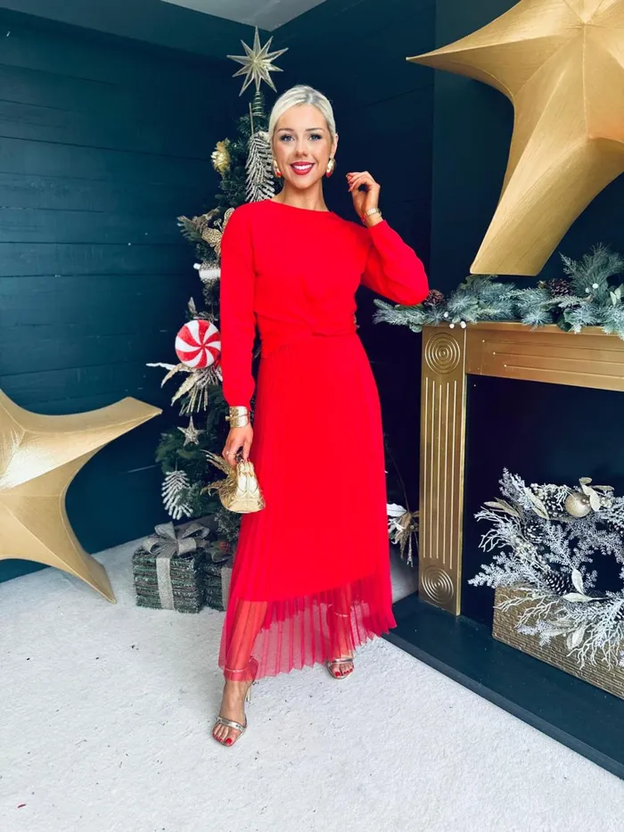 Women Day Dress Canella Lane Kerry Knit and Mesh Midi Dress Red