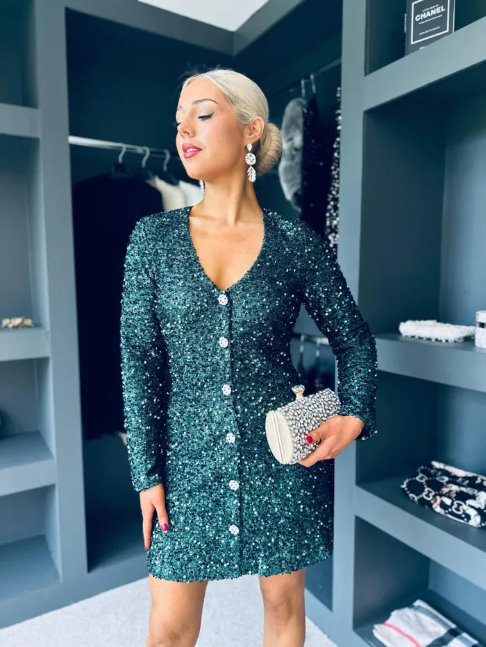 Women Day Dress Canella Lane Lilly Detailed Sequin Mini Dress Forest