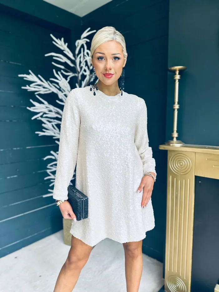 Women Day Dress Canella Lane Mila Bow Detail Sequin Mini Dress Cream