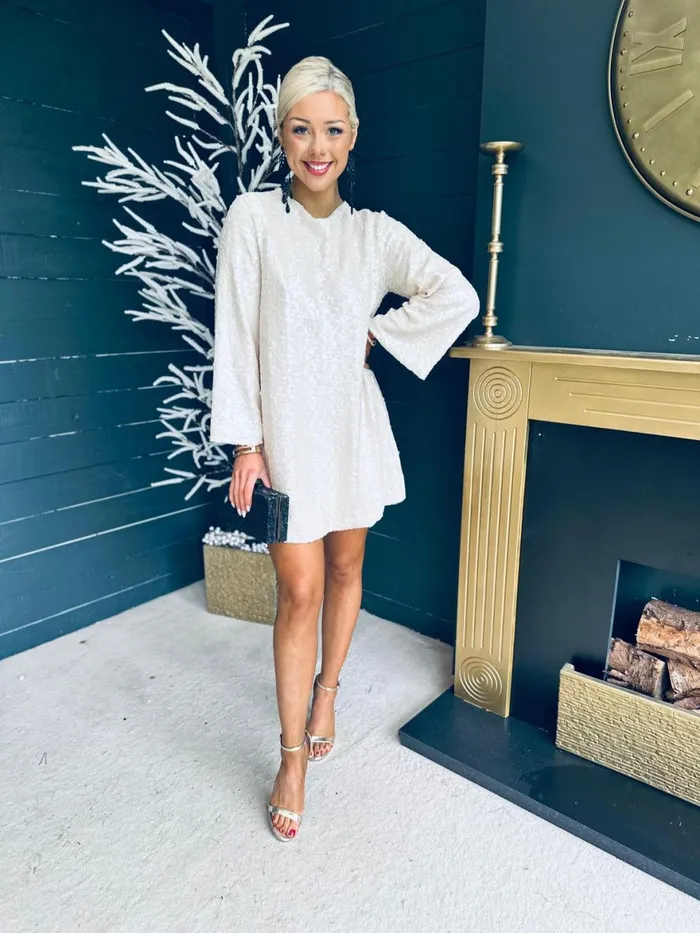 Women Day Dress Canella Lane Mila Bow Detail Sequin Mini Dress Cream