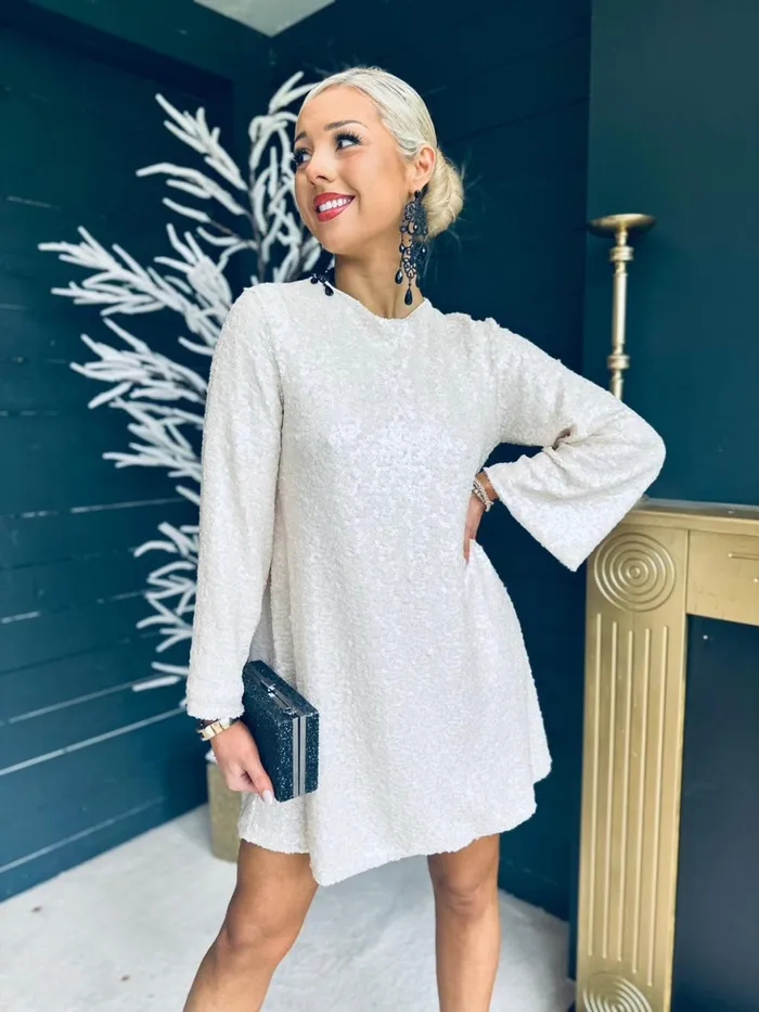 Women Day Dress Canella Lane Mila Bow Detail Sequin Mini Dress Cream