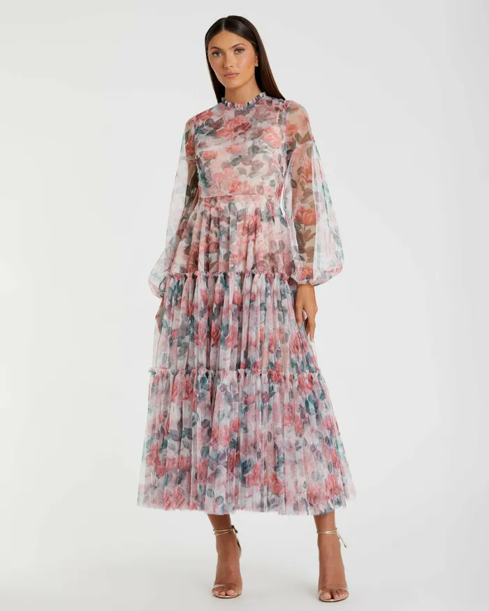 Women Daytime Dresses Mac Duggal High Neck Long Balloon Sleeve Midi Dress White Multi