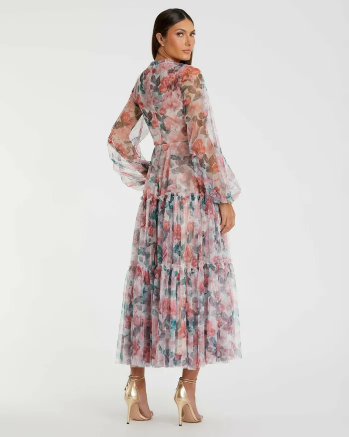 Women Daytime Dresses Mac Duggal High Neck Long Balloon Sleeve Midi Dress White Multi