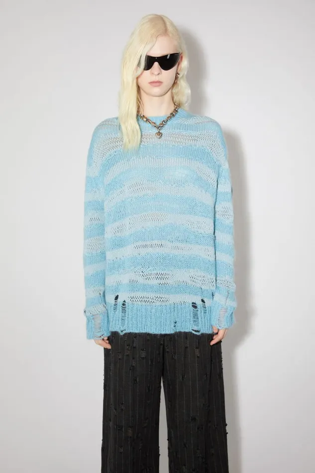 Women Distressed Stripe Jumper Sky Bluepowder Blue Acne Studios Knitwear