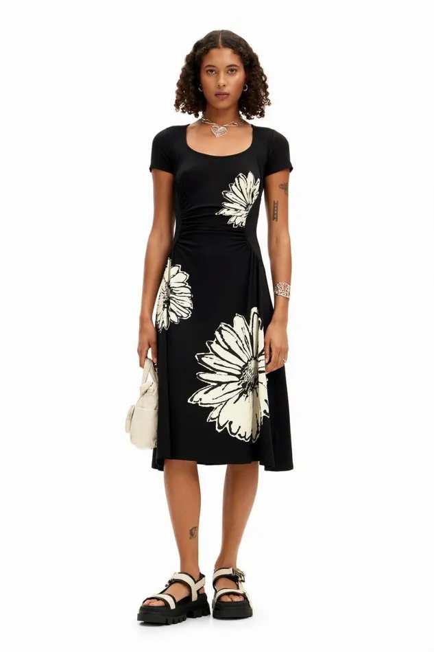 Women Dresses And Jumpsuits Desigual Shortsleeved Midi Dress With Neckline And Daisies