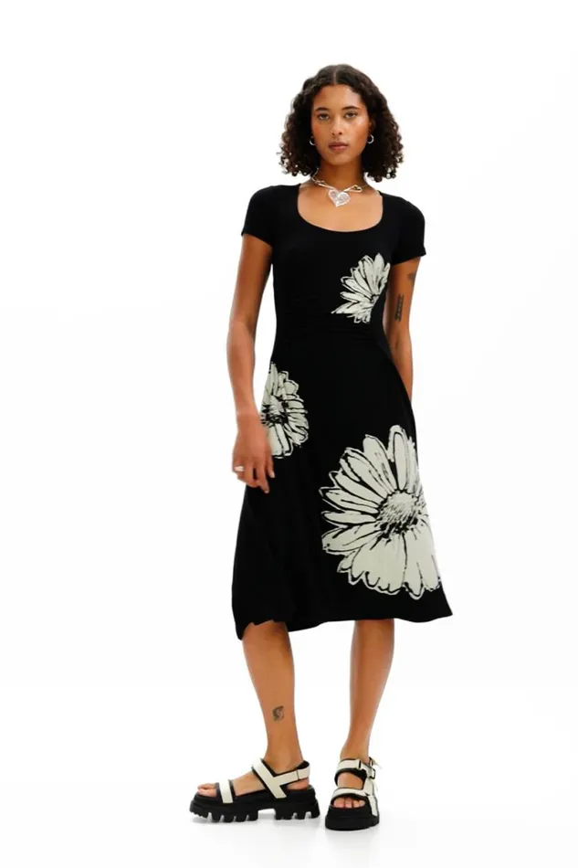 Women Dresses And Jumpsuits Desigual Shortsleeved Midi Dress With Neckline And Daisies