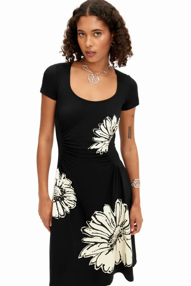 Women Dresses And Jumpsuits Desigual Shortsleeved Midi Dress With Neckline And Daisies
