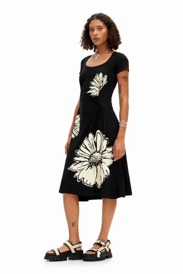 Women Dresses And Jumpsuits Desigual Shortsleeved Midi Dress With Neckline And Daisies