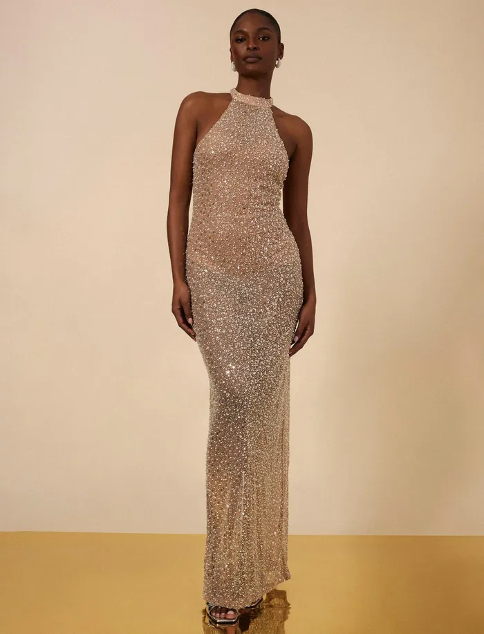 Women Dresses BCBG Jules Beaded SemiSheer Halter Gown Cafe Au Lait
