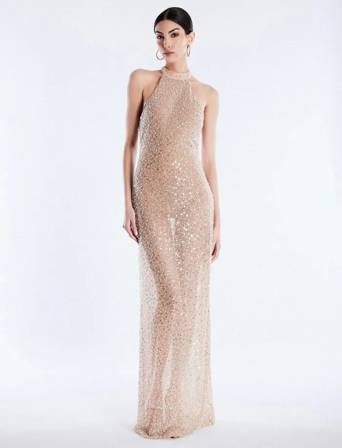 Women Dresses BCBG Jules Beaded SemiSheer Halter Gown Cafe Au Lait