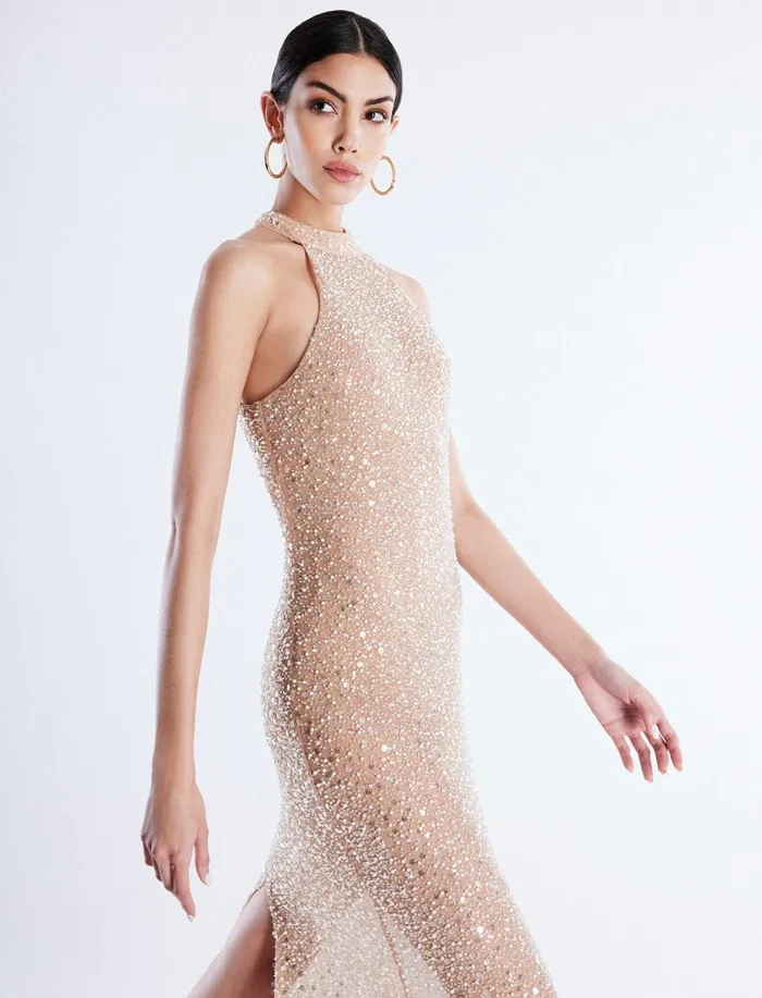 Women Dresses BCBG Jules Beaded SemiSheer Halter Gown Cafe Au Lait