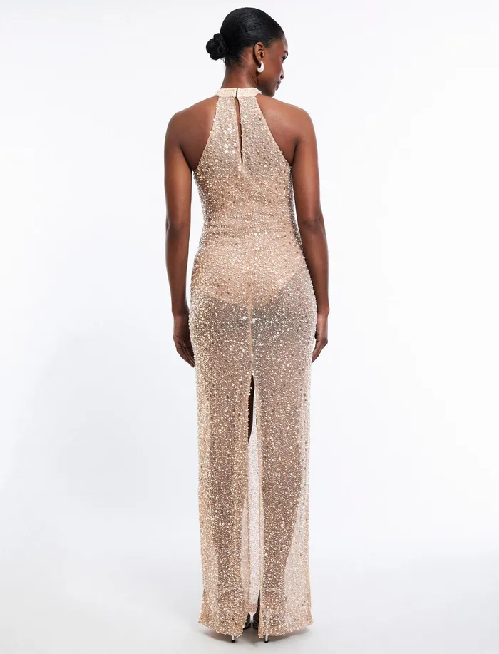 Women Dresses BCBG Jules Beaded SemiSheer Halter Gown Cafe Au Lait