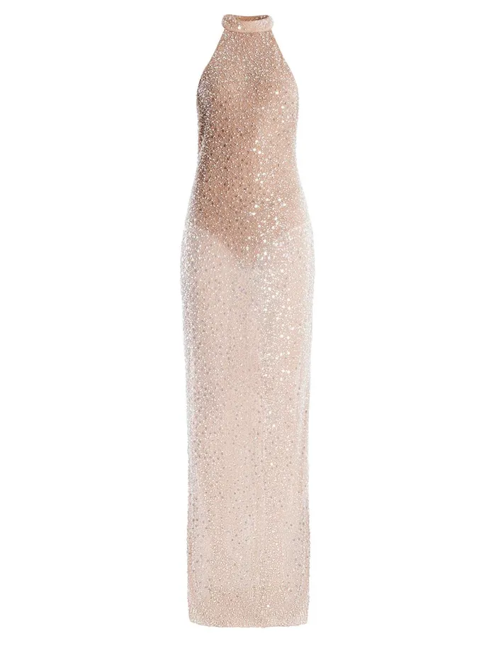 Women Dresses BCBG Jules Beaded SemiSheer Halter Gown Cafe Au Lait