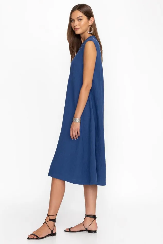 Women Dresses Johnny Was GAUZE MANDARIN COLLAR TRAPEZE DRESS Sailor Blue Women Dresses Johnny Was GAUZE MANDARIN COLLAR TRAPEZE DRESS Sailor Blue