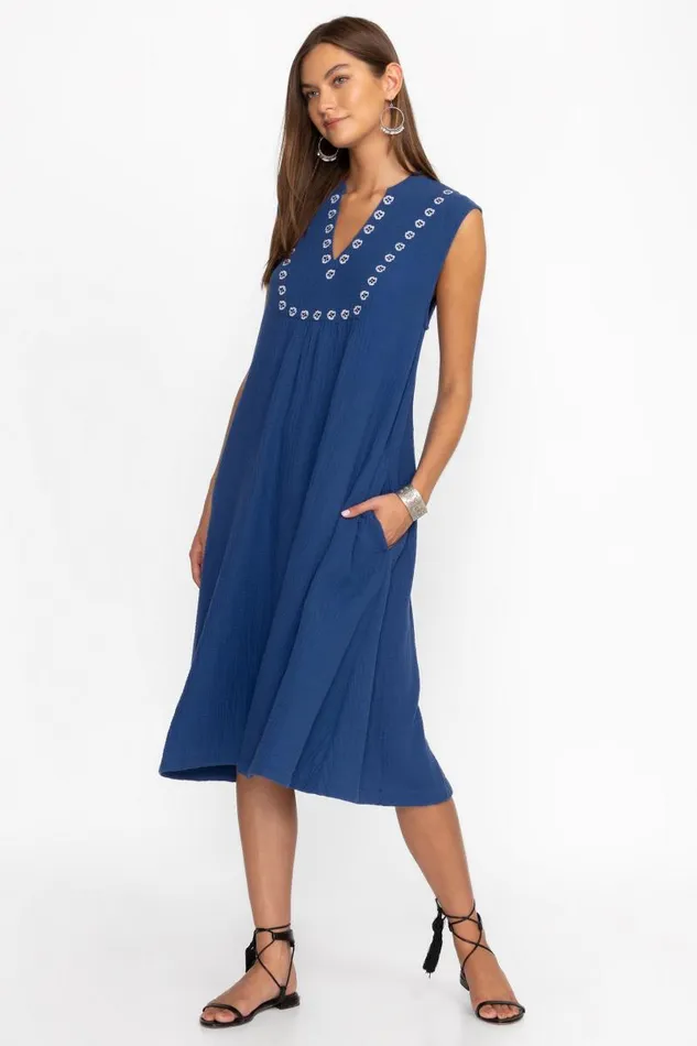 Women Dresses Johnny Was GAUZE MANDARIN COLLAR TRAPEZE DRESS Sailor Blue Women Dresses Johnny Was GAUZE MANDARIN COLLAR TRAPEZE DRESS Sailor Blue