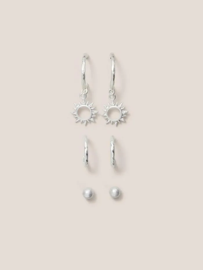 Women EARRINGS White Stuff 3 Pack Sun Gem Earrings Silver Tone Metallic Women EARRINGS White Stuff 3 Pack Sun Gem Earrings Silver Tone Metallic