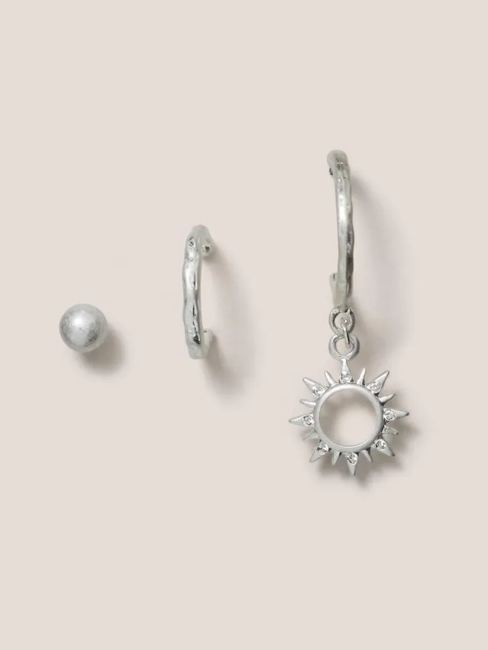 Women EARRINGS White Stuff 3 Pack Sun Gem Earrings Silver Tone Metallic Women EARRINGS White Stuff 3 Pack Sun Gem Earrings Silver Tone Metallic